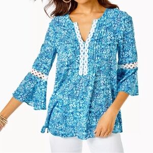 EUC, LILY PULITZER BLUE FLORAL HOLLIE TUNIC TOP SIZE XL